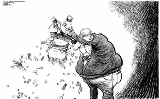 man shaking money from kids pockets